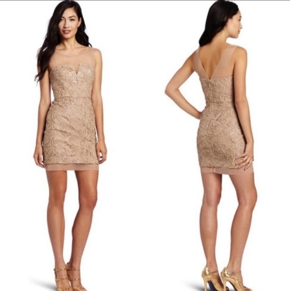 BCBG Maxazria Abigail Ribbon Embroidery Cocktail Dress Champagne size 6